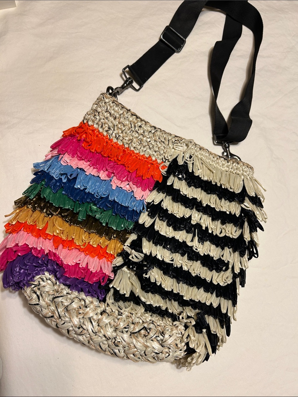 Fringed Multicolor Shoulder Bag with Black-Cream Stripes
